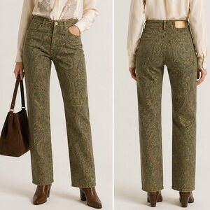 Etro Paisley Print Green Straight-Leg Jeans Gold Pesago Label